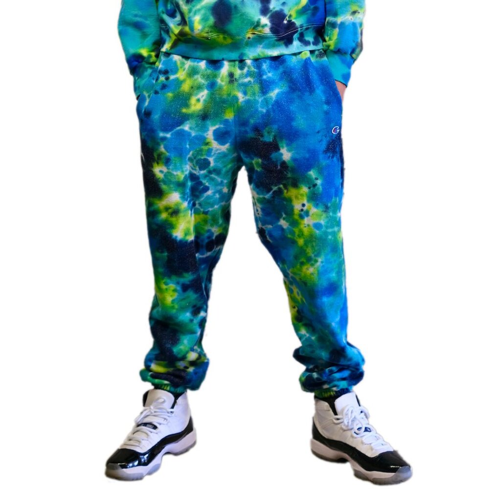 Tie Dye Blue/Green Nebula Sweatpants by Cross Dude Tie Die - Unisex Size LG
